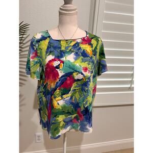 Alfred Dunner Women’s Tropical Parrot Print Blouse – Vibrant Colors – Size M